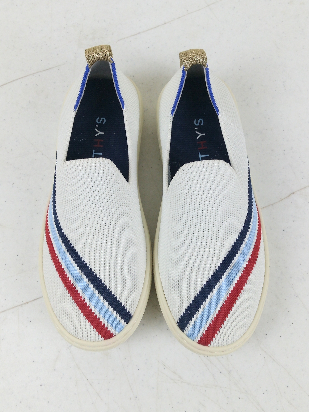 Rothy's Kids Cream Knit Slip-On Sneakers with Red & Blue Stripes Size 13